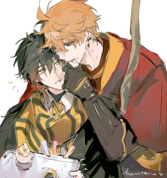 2boys alternate_costume broomstick crumbs_on_face genshin_impact hamtaru542899 harry_potter_(series) highres hogwarts_school_uniform hufflepuff licking_finger mors_gn multiple_boys quidditch scarf tartaglia_(genshin_impact) tartali.club uniform white_background wizarding_world yaoi zhongli_(genshin_impact)