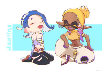 2girls black_pants black_socks blonde_hair blue_shawl chest_sarashi closed_eyes colored_eyelashes colored_tips commentary_request crop_top dark-skinned_female dark_skin dated earrings fangs frye_(deep_cut_outfit)_(splatoon) frye_(splatoon) hair_ornament hairband harem_pants inkling jewelry laughing long_hair long_pointy_ears multicolored_hair multiple_earrings multiple_girls navel nintendo octoling okobo open_mouth pants platform_sandals pointy_ears purple_hair sandals sarashi shawl shiver_(deep_cut_outfit)_(splatoon) shiver_(splatoon) short_eyebrows signature sitting smile socks somakusha splatoon_(series) splatoon_3 tabi tentacle_hair thick_eyebrows tooth_earrings torn_clothes torn_pants two-tone_hair wariza white_background white_hairband white_pants x_hair_ornament yellow_shawl
