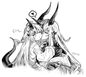 2girls afterimage arknights blush chinese_commentary closed_eyes commentary_request greyscale heart highres horns kiss kissing_cheek long_hair long_sleeves monochrome multiple_girls necrass_(arknights) off_shoulder ppxdq reed_(arknights) siblings sisters spoken_heart squeans tail tail_wagging twitter_username