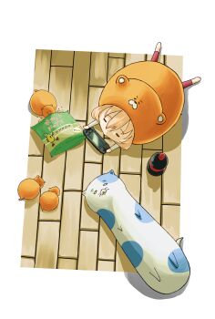 1girl =_= absurdres artist_name barefoot blonde_hair bottle chibi chips_(food) doma_umaru food from_above fuzuta6 hamster hamster_costume hamster_hood highres himouto!_umaru-chan komaru_(himouto!_umaru-chan) lying nekoronbusu nintendo_switch on_stomach pants pink_pants potato_chips soda_bottle stuffed_animal stuffed_toy