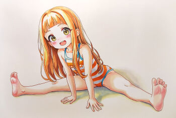 absurdres barefoot bikini blush brown_hair cameltoe character_request flat_chest highres idolmaster idolmaster_cinderella_girls loli long_hair looking_at_viewer open_mouth simple_background smile solmyr2000 swimsuit