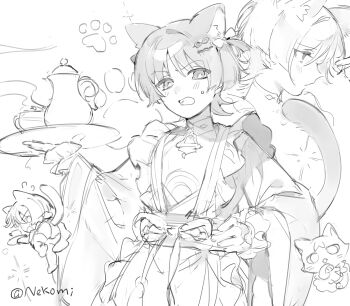 1boy absurdres animal_ears animalization apron arm_at_side black_bow blunt_ends blush bodysuit bow cat cat_boy cat_ears cat_tail choppy_bangs commentary_request cup flying_sweatdrops frilled_apron frilled_sleeves frills genshin_impact greyscale hair_bow hand_on_own_hip hand_up highres holding holding_tray japanese_clothes kettle long_sleeves looking_at_viewer maid male_focus mandarin_collar monochrome multiple_views nekomi_0 one_side_up open_mouth person_and_animalization sash scaramouche_(cat)_(genshin_impact) scaramouche_(genshin_impact) sketch solo sweatdrop tail teacup thighhighs tray tsurime twitter_username wa_maid waist_apron wanderer_(genshin_impact)