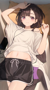 1girl black_hair black_shorts blush bra_strap breasts cellphone closed_mouth commentary_request dolphin_shorts earphones hair_between_eyes highres huyunora looking_at_viewer lying medium_breasts midriff navel on_back original phone pillow red_eyes revision shirt short_hair short_sleeves shorts smartphone solo white_shirt