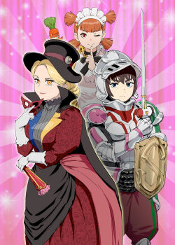 3girls black_cape black_hat blonde_hair blue_eyes brown_hair cape carrot closed_mouth commentary_request dial dress eye_mask finger_to_mouth folded_fan folding_fan frown gloves gold_hair_tie grey_gloves hair_ornament hair_tie hairclip hand_fan hat helmet highres holding holding_carrot holding_fan holding_mask holding_sword holding_weapon kaitou_sentai_lupinranger_vs._keisatsu_sentai_patranger knight lipstick looking_at_viewer maid maid_headdress makeup mask multiple_girls one_eye_closed original outer_glow pants personification pink_background pink_lips quad_tails red_dress red_eyes red_mask red_pants serious shield smile sparkle super_sentai sword ueyama_michirou unworn_mask visor_(armor) weapon yellow_eyes