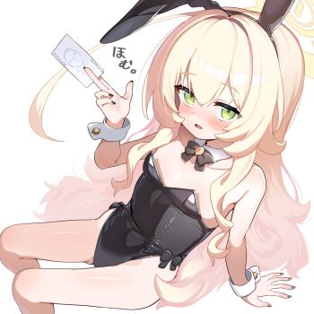 1girl animal_ears bare_shoulders black_nails blonde_hair blue_archive blush bow bowtie card detached_collar fake_animal_ears flat_chest green_eyes halo highres loli long_hair looking_at_viewer open_mouth playboy_bunny playing_card professor_niyaniya_(blue_archive) rabbit_ears simple_background sitting solo unizou very_long_hair white_background wrist_cuffs