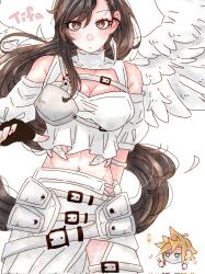 Rule 34 | 1boy, 1girl, 7 (milu577610), angel wings, arm behind back, bare shoulders, belt, belt buckle, black gloves, black hair, blonde hair, blue eyes, blush, breasts, brown eyes, brown hair, buckle, character name, chest guard, chest harness, chibi, chibi inset, cleavage, closed mouth, cloud strife, commentary request, cowboy shot, crop top, cropped head, crying, earrings, feather earrings, feathers, final fantasy, final fantasy vii, final fantasy vii ever crisis, final fantasy vii remake, fingerless gloves, frilled shirt, frills, gloves, glowstick, harness, highres, holding glowstick, jewelry, large breasts, long hair, looking at another, looking at viewer, midriff, midriff peek, multiple belts, navel, off-shoulder shirt, off shoulder, official alternate costume, pants, shirt, side slit, simple background, single earring, single sidelock, skirt, spiked hair, streaming tears, swept bangs, tears, tifa lockhart, tifa lockhart (feather style), very long hair, white background, white feathers, white pants, white skirt, white wings, wings