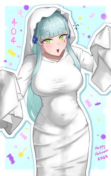 Rule 34 | 1girl, :d, absurdres, blue hair, blush, breasts, covered navel, cross, facepaint, ghost costume, girls' frontline, green eyes, hair ornament, hairclip, halloween, halloween costume, hands up, happy halloween, highres, hip focus, hk416 (girls' frontline), iron cross, large breasts, long hair, open mouth, smile, solo, standing, teardrop, very long hair, yuzuu