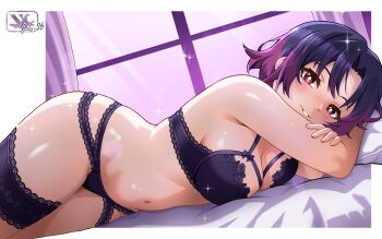 1girl absurdres black_bra black_panties bra breasts commentary dated dated_commentary english_commentary ezo_yakumo frilled_thigh_strap highres large_breasts lingerie looking_at_viewer lying mato_seihei_no_slave navel on_side panties purple_eyes purple_hair short_hair smile solo stomach thigh_strap thighs underwear vraxtal