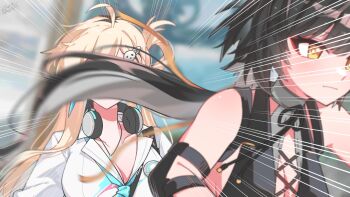 2girls ahoge bare_shoulders black_hair blonde_hair breasts closed_mouth collarbone commentary_request earrings female_rover_(wuthering_waves) hair_ornament headphones headphones_around_neck highres jewelry large_breasts long_hair looking_ahead lynae_(wuthering_waves) multiple_girls necklace rover_(wuthering_waves) skull_hair_ornament star_(symbol) star_earrings starblame wind wuthering_waves yellow_eyes