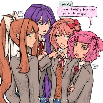 4girls blue_eyes bow brown_hair brown_vest crossed_arms dialogue_box doki_doki_literature_club doki_doki_literature_club_school_uniform english_text formal_clothes from_side green_eyes grey_suit hair_bow hair_ornament hair_ribbon hairclip high_collar highres long_hair looking_at_viewer looking_to_the_side monika_(doki_doki_literature_club) multiple_girls natsuki_(doki_doki_literature_club) open_mouth pengoopilot pink_eyes pink_hair pink_nails ponytail profile purple_eyes purple_hair red_bow red_ribbon ribbon sayori_(doki_doki_literature_club) school_uniform shirt short_hair sidelocks simple_background speech_bubble suit teeth upper_body vest white_background white_bow white_shirt yuri_(doki_doki_literature_club)