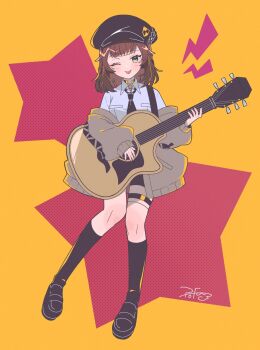 Rule 34 | 1girl, :p, black hat, black necktie, black shoes, black shorts, black socks, blunt bangs, blush, breasts, brown hair, brown jacket, commentary, full body, green eyes, guitar, hat, highres, holding, holding guitar, holding instrument, instrument, jacket, jacket partially removed, kneehighs, lightning bolt symbol, looking at viewer, medium breasts, medium hair, necktie, newsboy cap, one eye closed, persona, persona 5, persona 5: the phantom x, popo mocomoco, sakai ayaka, shirt, shoes, shorts, signature, socks, solo, star (symbol), star symbol background, symbol-only commentary, thigh strap, tongue, tongue out, white shirt, wing collar, yellow background