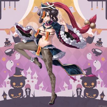 1girl bikini braid braided_bun breasts brown_hair chinese_clothes covered_erect_nipples cup eyepatch_bikini frilled_sleeves frills full_body ghost hair_bun hair_over_one_eye hair_rings halloween hat hat_ornament highres jack-o&#039;-lantern jiangshi jiangshi_costume knee_up large_breasts looking_at_viewer navel ofuda open_mouth original outstretched_arms print_thighhighs pumpkin qingdai_guanmao revealing_clothes solo standing standing_on_one_leg talisman thighhighs tombstone tyone wide_sleeves zombie_pose