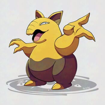 brown_fur drowzee full_body gen_1_pokemon looking_at_viewer mistray-art nintendo open_mouth pokemon pokemon_(creature) signature simple_background solo two-tone_fur white_background yellow_fur