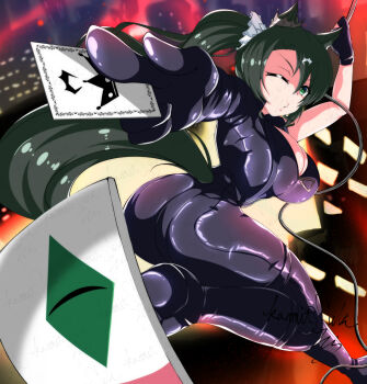 Rule 34 | 1girl, animal ears, artist name, black hair, bodysuit, breasts, card, cleavage, ear through crown, holding, holding card, horse ears, horse girl, horse tail, kamitsuki shion, long hair, looking at viewer, official alternate costume, one eye closed, satono crown (umamusume), side ponytail, signature, solo, tail, too many watermarks, umamusume, watermark