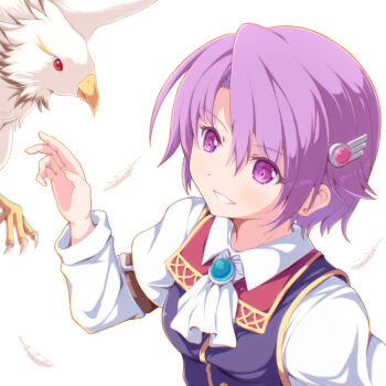 1girl animal_on_arm binzume_suika bird bird_on_arm brooch commentary_request curtained_hair dress eiyuu_densetsu falcon highres jewelry kloe_rinz purple_eyes purple_hair school_uniform simple_background smile sora_no_kiseki