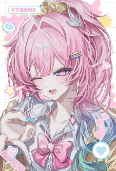 Rule 34 | 1girl, alternate costume, blue nails, bow, bowtie, character name, collared shirt, commentary, cyrene (demiurge) (honkai: star rail), cyrene (honkai: star rail), gyaru v, hair ornament, hairclip, heart, highres, honkai: star rail, honkai (series), looking at viewer, one eye closed, open mouth, pink bow, pink bowtie, pink hair, purple eyes, school uniform, shirt, symbol-only commentary, touyu 1210, upper body, v, white shirt