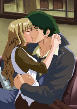 Rule 34 | absurdres, apron, blonde hair, blue eyes, brown eyes, coat, couple, cowboy bebop, curly hair, green hair, highres, hug, julia (cowboy bebop), kiss, nekro-comix, spike spiegel, trench coat