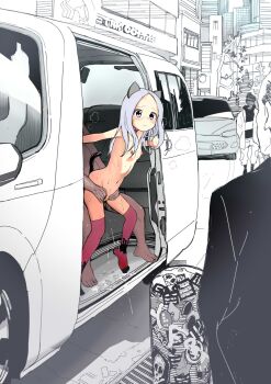 1girl 3boys age_difference anal_beads anal_tail animal_ears arm_support bad_id bad_pixiv_id balding barefoot blush bmlx bmlx2356 bollard breasts business_suit butt_plug car cat_ears cat_girl cat_tail city clothed_male_nude_female clothed_male_nude_male collar dark-skinned_male dark_skin day drain drain_(object) embarrassed exhibitionism eye_contact eyebrows faceless faceless_male fake_animal_ears fake_tail female_ejaculation female_pervert flat_chest forehead formal_clothes full_body graffiti groin hetero highres leaning_forward light_purple_hair loli long_hair looking_at_another matching_hair/eyes monochrome monochrome_background motor_vehicle multiple_boys navel nipples no_shoes nude original outdoors parted_bangs partially_colored pervert public_indecency purple_eyes purple_hair pussy pussy_juice pussy_juice_drip pussy_juice_puddle red_thighhighs road sex sex_from_behind sex_toy sitting skull_and_crossbones small_areolae small_breasts small_nipples solo_focus spot_color spread_legs standing standing_sex sticker street suit sweat tagme tail tail_wrap thigh_grab thighhighs toyota toyota_hiace tree van xyh