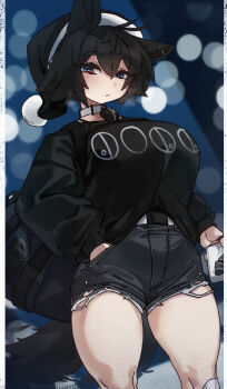 Rule 34 | 1girl, alt text, animal collar, animal ears, antenna hair, bag, barbell piercing, black hair, black hat, black shorts, black sweater, blue eyes, breasts, christmas, collar, commentary, cutoffs, denim, denim shorts, duffel bag, english commentary, gift, hand in pocket, hat, highres, holding, holding gift, large breasts, looking at viewer, making-of available, original, pale skin, piercing, print sweater, raine (zana), santa hat, short hair, shorts, solo, sweater, tail, tail wagging, thighs, wolf ears, wolf girl, wolf tail, zanamaoria