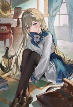 Rule 34 | 1girl, bag, black pantyhose, black shoes, brown bag, closed mouth, commentary request, curtains, hair ornament, hairband, hanabusa lisa, highres, indoors, isaya (pixiv4541633), knees up, loafers, long hair, long sleeves, looking at viewer, open bag, pantyhose, school bag, school uniform, shirt, shoes, sitting, skirt, smile, solo, very long hair, virtual youtuber, vspo!, white hairband, white shirt, white skirt, window