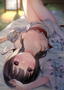 1girl absurdres arm_up blurry blush breasts breasts_out brown_eyes brown_hair collarbone depth_of_field floral_print futon highres japanese_clothes kanro_ame_(ameko) kimono lantern long_hair lying naked_kimono nipples off_shoulder on_back on_bed open_clothes original sash small_breasts smile solo tatami thighs yukata