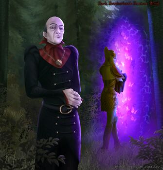 1boy 1girl armor armored_boots balding belt black_belt black_coat black_sclera boots brown_eyes brown_hair bug butterfly coat collar colored_sclera commentary facing_viewer foolish-hearts forest from_behind gold_armor gold_necklace gold_skin golden_saint_(aureal) grass haskill helmet insect jewelry juliet_sleeves long_coat long_sleeves nature necklace outdoors own_hands_together portal_(object) puffy_sleeves red_collar revealing_clothes shoulder_armor signature skirt standing the_elder_scrolls the_elder_scrolls_iv:_oblivion thighs tree watermark web_address winged_helmet yellow_eyes