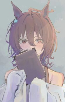 1girl absurdres agnes_tachyon_(umamusume) ahoge animal_ears bow bra_strap brown_hair chemical_structure clipboard coat collarbone commentary_request covering_own_mouth ear_ornament earrings grey_background hair_between_eyes hair_bow highres holding holding_clipboard horse_ears horse_girl jewelry lab_coat medium_hair off_shoulder red_eyes sei_(bigaa) simple_background single_earring solo umamusume white_coat