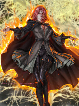 1girl boots breasts brown_eyes brown_hair burning cleavage cloak elden_ring facial_tattoo hood hood_down hooded_cloak large_breasts liang_xing lips looking_at_viewer medium_hair melina_(elden_ring) no_bra one-eyed pants scar scar_across_eye scar_on_face solo spoilers tattoo thigh_boots thighhighs tight_clothes tight_pants watermark web_address