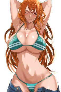 1girl arms_behind_head bikini blue_pants blush breasts cleavage cowboy_shot denim green_bikini highres jeans kawabata_yoshihiro large_breasts long_hair looking_at_viewer nami_(one_piece) nami_(one_piece)_(return_to_sabaody) navel official_alternate_costume one_piece open_fly orange_eyes orange_hair pants revision simple_background smile solo stomach striped_bikini striped_clothes swimsuit tattoo unbuttoned_pants unzipped white_background