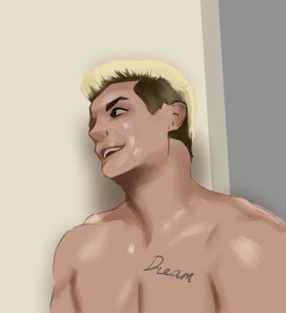 1boy absurdres cody_rhodes deynesarts highres open_mouth simple_background smile solo topless_male upper_body white_background wrestler wrestling_outfit wwe