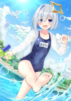 1girl amane_kanata aqua_wings bare_shoulders beach bird blue_hair blue_sky blush breasts collarbone colored_inner_hair commentary_request competition_school_swimsuit feathered_wings gradient_wings grey_hair hair_between_eyes halo holding holding_water_gun hololive looking_at_viewer multicolored_hair multicolored_wings navel one-piece_swimsuit open_mouth outdoors purple_eyes school_swimsuit see-through_clothes see-through_shirt shirt siroimoyasi sky small_breasts smile swimsuit teeth virtual_youtuber water water_gun white_bird white_wings wings yellow_halo