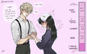1boy 1girl black_hair blush breasts cherririce dress earrings gold_earrings hair_ornament hairband husband_and_wife jewelry large_breasts long_hair red_eyes sidelocks spy_x_family white_hairband yor_briar
