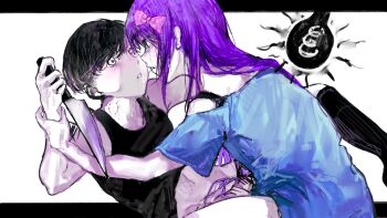 Rule 34 | 1boy, 1girl, aubrey (headspace) (omori), aubrey (omori), bite mark, bite mark on neck, black hair, black socks, black tank top, blue dress, bow, chinese commentary, colored skin, commentary request, dress, eye contact, face-to-face, hair bow, hair ornament, highres, holding, holding knife, knife, letterboxed, long hair, looking at another, official alternate eye color, omori, omori (omori), outside border, pink bow, purple hair, reverse grip, short hair, simple background, socks, tank top, white background, white eyes, white skin, yihanmomo