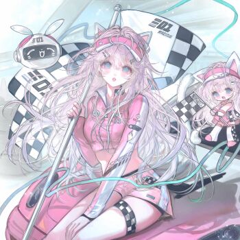 1girl animal_ears between_legs blue_eyes breasts checkered_flag chibi crop_top fake_animal_ears flag hair_between_eyes hair_ornament highres holding holding_flag long_hair long_sleeves looking_at_viewer midriff open_mouth original parted_lips pink_shorts rabbit_ears race_queen shirt short_shorts shorts single_thighhigh sitting solo thigh_strap thighhighs very_long_hair visor_cap white_hair wuyu16