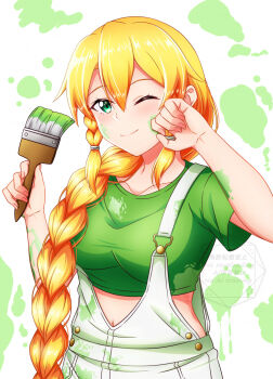 1girl ;) blonde_hair braid breasts collarbone elf green_background green_eyes green_shirt hair_between_eyes highres holding ken-ji large_breasts leafa_(sao) long_hair navel one_eye_closed pointy_ears shirt short_sleeves smile solo suspenders sword_art_online twin_braids white_background