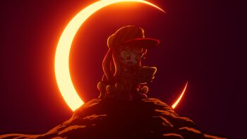 1girl baseball_cap black_shirt blush distracted drooling eclipse green_eyes green_hat handheld_game_console harmony_(splatoon) hat highres holding holding_handheld_game_console long_hair looking_down monochrome nintendo open_mouth pink_hair playing_games red_theme rock sea_anemone shirt shoes sitting sneakers soandnb solar_eclipse splatoon_(series) splatoon_3 striped_clothes striped_headwear