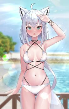 1girl absurdres ahoge animal_ears arm_up armpits bare_shoulders bikini black_choker blue_nails blurry blurry_background braid breasts breasts_apart choker collarbone cowboy_shot criss-cross_halter depth_of_field fox_ears fox_girl fox_tail green_eyes halterneck highres hololive kumarang long_hair looking_at_viewer medium_breasts multi-strapped_bikini nail_polish navel open_mouth outdoors shading_eyes shirakami_fubuki skindentation smile solo stomach string_bikini sunlight swimsuit tail thigh_gap thighs virtual_youtuber white_bikini white_hair