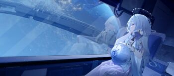 1girl absurdres chinese_commentary commentary_request different_reflection earrings erqi_erqi_kuaiqu_huatu grey_hair halo hand_on_own_face highres id_card jacket jewelry long_hair looking_outside mornye_(wuthering_waves) partial_commentary planet red_eyes reflection see-through_body sitting solo triangle_earrings white_jacket wuthering_waves