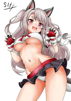 1girl absurdres animal_ears azur_lane black_sailor_collar blush braid breasts brown_hair claw_pose commentary_request commission cropped_shirt fang fingerless_gloves from_below gloves groin hands_up happy highres hip_focus leaning_to_the_side long_hair looking_at_viewer looking_down medium_breasts microskirt navel neck_ribbon no_bra panties pink_eyes pixiv_commission pleated_skirt red_ribbon ribbon s_hadmiral sailor_collar school_uniform serafuku shirt single_braid skirt slit_pupils solo standing stomach stomach_tattoo tail tattoo thighs underboob underwear very_long_hair white_panties white_shirt yuudachi_(azur_lane)