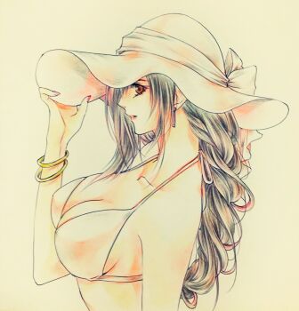 1girl alternate_costume alternate_hairstyle bangle bare_shoulders bikini black_hair bow bracelet braid braided_ponytail breasts cleavage closed_mouth collarbone earrings final_fantasy final_fantasy_vii from_side halterneck hand_on_headwear hat hat_bow highres jewelry large_breasts long_hair profile red_eyes red_nails ruy simple_background single_earring solo swimsuit tifa_lockhart traditional_media upper_body white_bikini white_hat