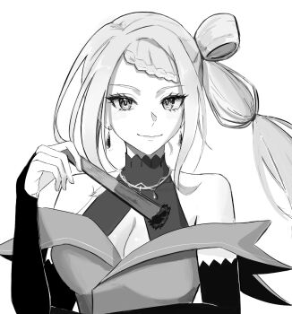 Rule 34 | 1girl, breasts, bridal gauntlets, cleavage, earrings, hand fan, jewelry, large breasts, light smile, long hair, looking at viewer, poppokopopop, priscilla barielle, re:zero kara hajimeru isekai seikatsu, solo