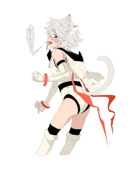 1girl :d absurdres animal_ears ass bare_shoulders belt black_belt black_thighhighs blush cat_ears cat_girl cat_tail chinese_commentary commentary elbow_gloves eye_mask fang from_side gloves highres hood hood_down hooded_leotard jiguang_haibao kemonomimi_mode leotard mask open_mouth profile shy_(character) shy_(series) smile solo speech_bubble tail thighhighs translation_request white_leotard white_thighhighs