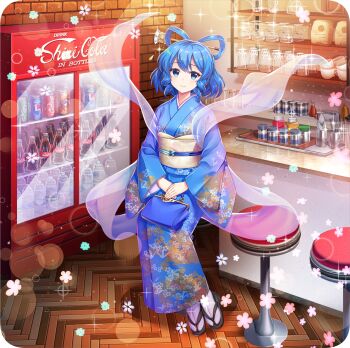1girl alternate_costume bag bar_stool black_sandals blue_bag blue_eyes blue_hair blue_kimono blue_theme blush bottle brand_name_imitation brick_wall can chisel closed_mouth counter cup drill_hair drink_can drinking_glass drinking_straw floral_print flower full_body game_cg geta hagoromo hair_ornament hair_rings hair_stick handbag hands_on_lap herringbone highres indoors japanese_clothes kaku_seiga kaku_seiga_(social_club&#039;s_mother) ketchup_bottle kimono lens_flare long_sleeves looking_at_viewer medium_hair mustard_bottle napkin obi obiage obijime official_art print_kimono refrigerator rotte_(1109) salt_shaker sandals sash see-through_clothes see-through_shawl shawl shelf sidelocks sitting smile socks soda soda_bottle soda_can solo sparkle stool tabi tableware teacup third-party_source touhou touhou_lostword transparent_background water_bottle white_socks wide_sleeves wine_glass wooden_floor
