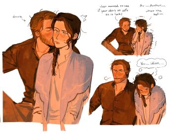 ... 1boy 1girl ^^^ arthur_morgan belle_(kunnuscumnus) black_shirt blonde_hair blue_capelet blue_eyes blush borderless_panels braid braided_ponytail brown_hair capelet character_name closed_eyes closed_mouth commentary confused cropped_arms cropped_torso english_commentary english_text fringe-trimmed_capelet full-face_blush furrowed_brow hair_over_shoulder hand_on_own_face height_difference hetero highres kunnuscumnus licking licking_another&#039;s_face mature_male multiple_views no_sclera orange_theme original pants red_dead_redemption_(series) red_dead_redemption_2 shirt short_hair side_part side_ponytail simple_background sitting smirk speech_bubble sweatdrop thought_bubble tongue trembling tunic wavy_ends white_background white_trim white_tunic