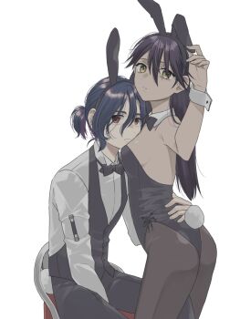 1boy animal_ears black_leotard blue_hair bow bowtie breasts detached_collar fake_animal_ears gundam gundam_gquuuuuux hetero highres leotard long_hair long_sleeves lower_eyelashes_only male_playboy_bunny momoshny multicolored_hair nyaan_(gundam_gquuuuuux) pantyhose playboy_bunny ponytail purple_hair rabbit_ears rabbit_tail red_eyes shirt short_hair shuji_ito sideboob simple_background strapless strapless_leotard tail two-tone_hair vest white_background white_shirt wrist_cuffs yellow_eyes