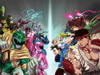 5girls 6+boys ahoge akuma_(street_fighter) antenna_hair armor beads blouse bracelet braid cammy_white camouflage capcom chamba chun-li crossover dark-skinned_male dark_skin dougi dragon_ranger epic flattop food from_side garrison_cap hat huge_ahoge jewelry leotard lord_zedd m._bison mighty_morphin_green_ranger mighty_morphin_pink_ranger mighty_morphin_power_rangers multiple_boys multiple_girls muscular noodles official_art pantyhose pelvic_curtain ponytail power_rangers power_rangers:_legacy_wars power_rangers_(movie) power_rangers_mystic_force power_rangers_time_force power_rangers_zeo prayer_beads ptera_ranger ribbed_leotard ryu_(street_fighter) shirt spiked_bracelet spikes street_fighter thighs timeforce_red_ranger tommy_oliver twin_braids udon white_shirt witch_bandora