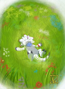 Rule 34 | day, digimon, digimon (creature), gammamon, grass, highres, lying, no humans, on back, outdoors, signature, solo, xabimaruru