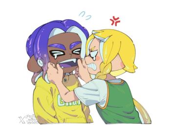 &gt;_&lt; 1boy 1girl anger_vein ariamikukanzaki basketball_jersey blank_eyes blonde_hair blue_hair braid clenched_teeth commentary dark-skinned_male dark_skin english_commentary eyebrow_cut flying_sweatdrops hirooooo_(splatoon) inkling mouth_pull nintendo octoling pointy_ears shirt side_braid signature splatoon_(series) splatoon_3 sweater t-shirt tearing_up tears teeth tentacle_hair veronika_(splatoon) very_dark_skin white_shirt yellow_sweater