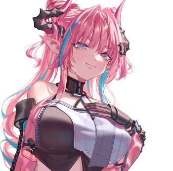 1girl absurdres arknights arknights:_endfield bare_shoulders bikini bikini_top_only black_bikini black_gloves blue_eyes blush breasts closed_mouth commentary cone_hair_bun cropped_jacket double_bun gloves hair_bun hand_on_own_chest highres horns jacket lamb_ovis large_breasts long_hair looking_at_viewer open_clothes open_jacket pink_hair pink_jacket pointy_ears smile solo swimsuit twintails very_long_hair yvonne_(arknights)