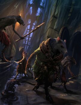 5boys animal_ears bad_id bad_twitter_id brick_floor brick_wall commentary door furry furry_male highres holding holding_weapon male_focus mouse_tail multiple_boys open_mouth original philipp_urlich rat_boy sewer sharp_teeth tail teeth water weapon